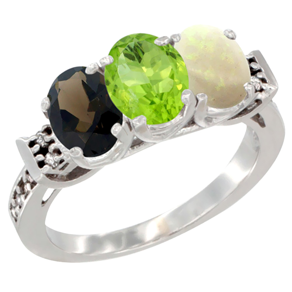 10K White Gold Natural Smoky Topaz, Peridot & Opal Ring 3-Stone Oval 7x5 mm Diamond Accent, sizes 5 - 10