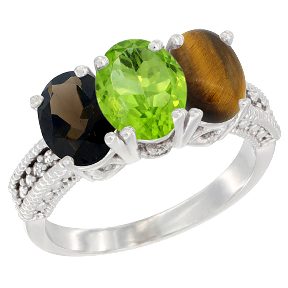 14K White Gold Natural Smoky Topaz, Peridot &amp; Tiger Eye Ring 3-Stone 7x5 mm Oval Diamond Accent, sizes 5 - 10