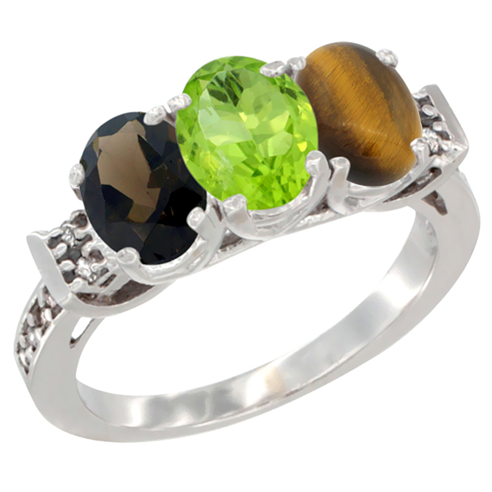 14K White Gold Natural Smoky Topaz, Peridot & Tiger Eye Ring 3-Stone Oval 7x5 mm Diamond Accent, sizes 5 - 10