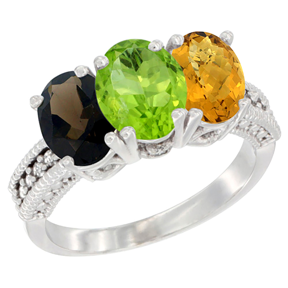 10K White Gold Natural Smoky Topaz, Peridot & Whisky Quartz Ring 3-Stone Oval 7x5 mm Diamond Accent, sizes 5 - 10