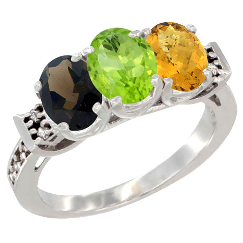 14K White Gold Natural Smoky Topaz, Peridot & Whisky Quartz Ring 3-Stone Oval 7x5 mm Diamond Accent, sizes 5 - 10