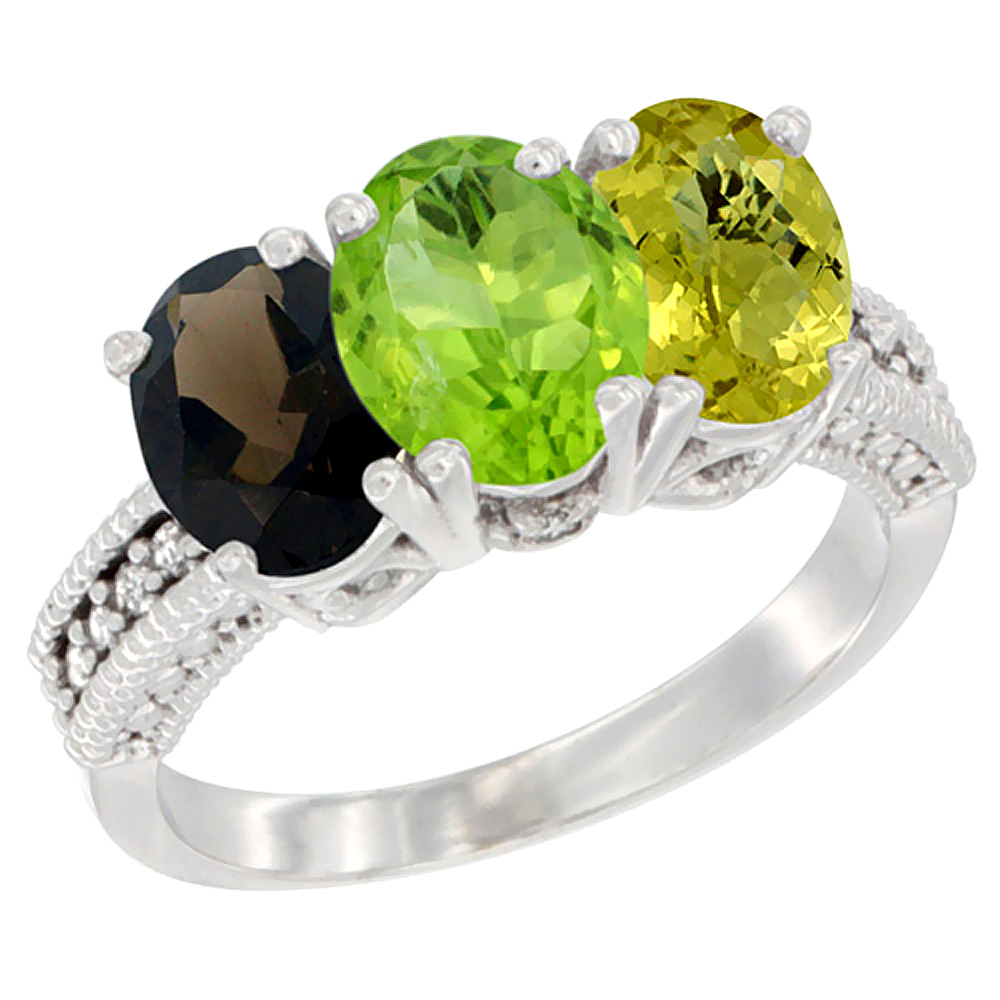 14K White Gold Natural Smoky Topaz, Peridot & Lemon Quartz Ring 3-Stone 7x5 mm Oval Diamond Accent, sizes 5 - 10