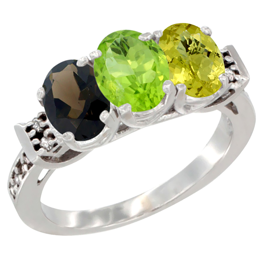 14K White Gold Natural Smoky Topaz, Peridot &amp; Lemon Quartz Ring 3-Stone Oval 7x5 mm Diamond Accent, sizes 5 - 10