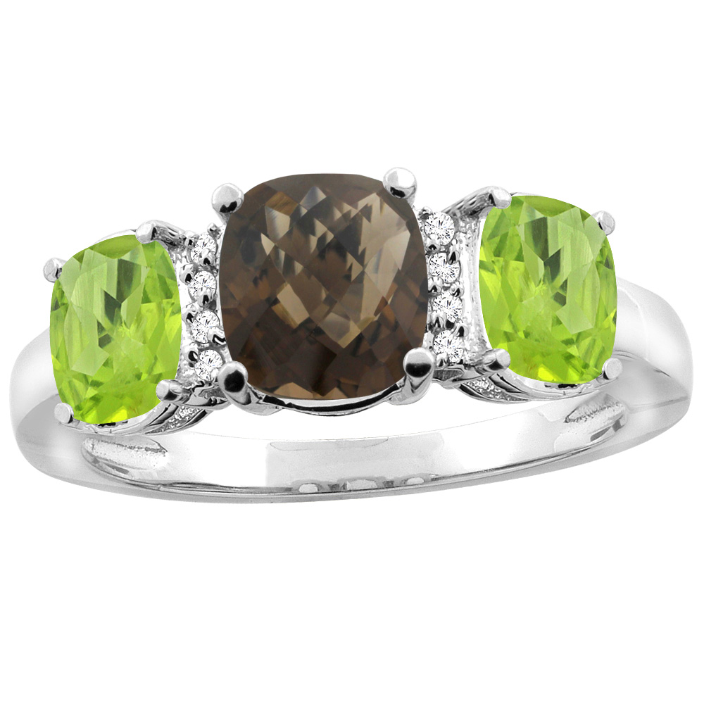 14K White Gold Natural Smoky Topaz & Peridot 3-stone Ring Cushion 8x6mm Diamond Accent, sizes 5 - 10