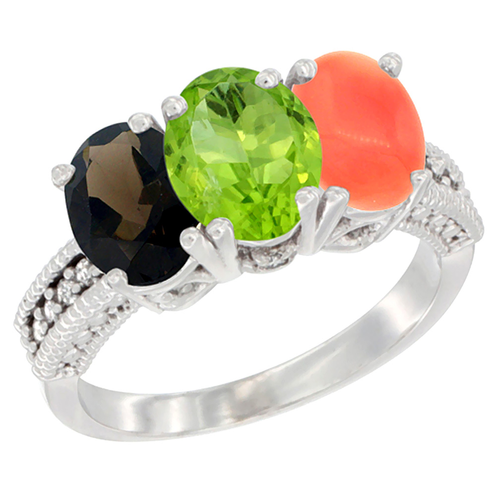 10K White Gold Natural Smoky Topaz, Peridot &amp; Coral Ring 3-Stone Oval 7x5 mm Diamond Accent, sizes 5 - 10