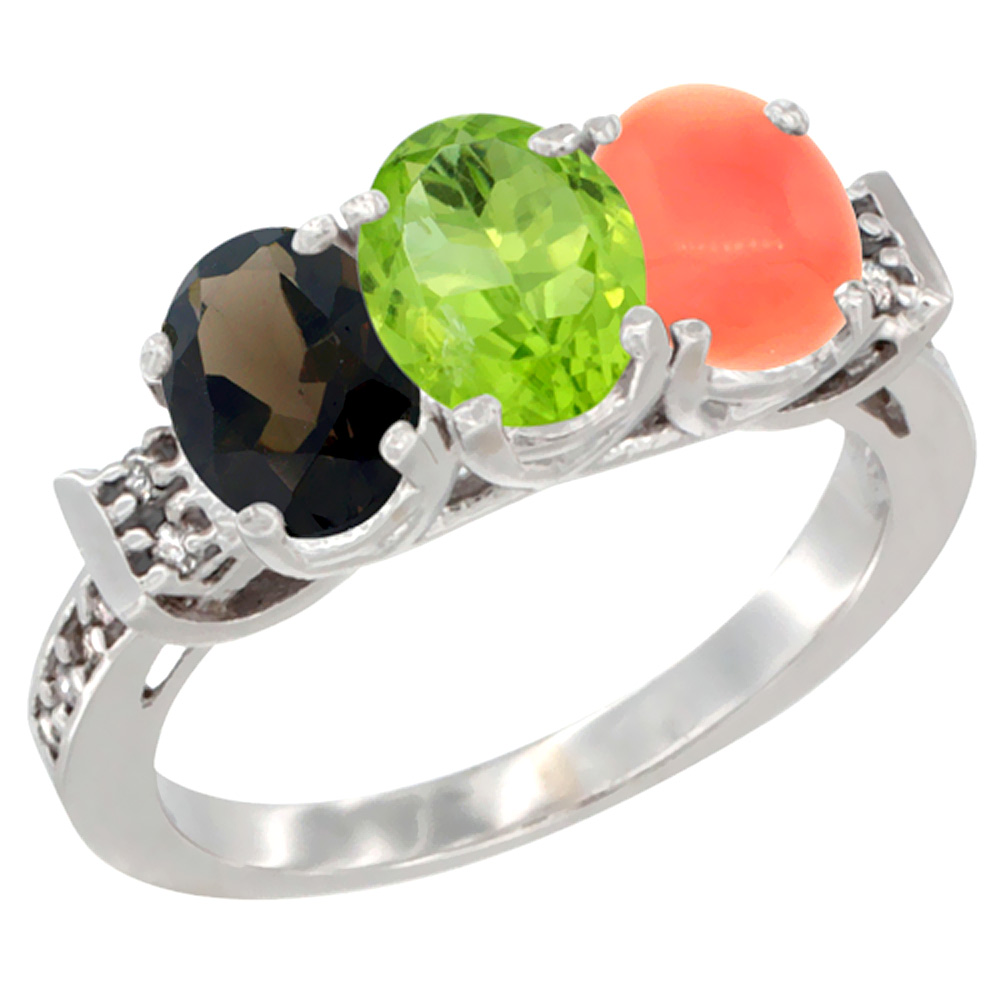 10K White Gold Natural Smoky Topaz, Peridot & Coral Ring 3-Stone Oval 7x5 mm Diamond Accent, sizes 5 - 10