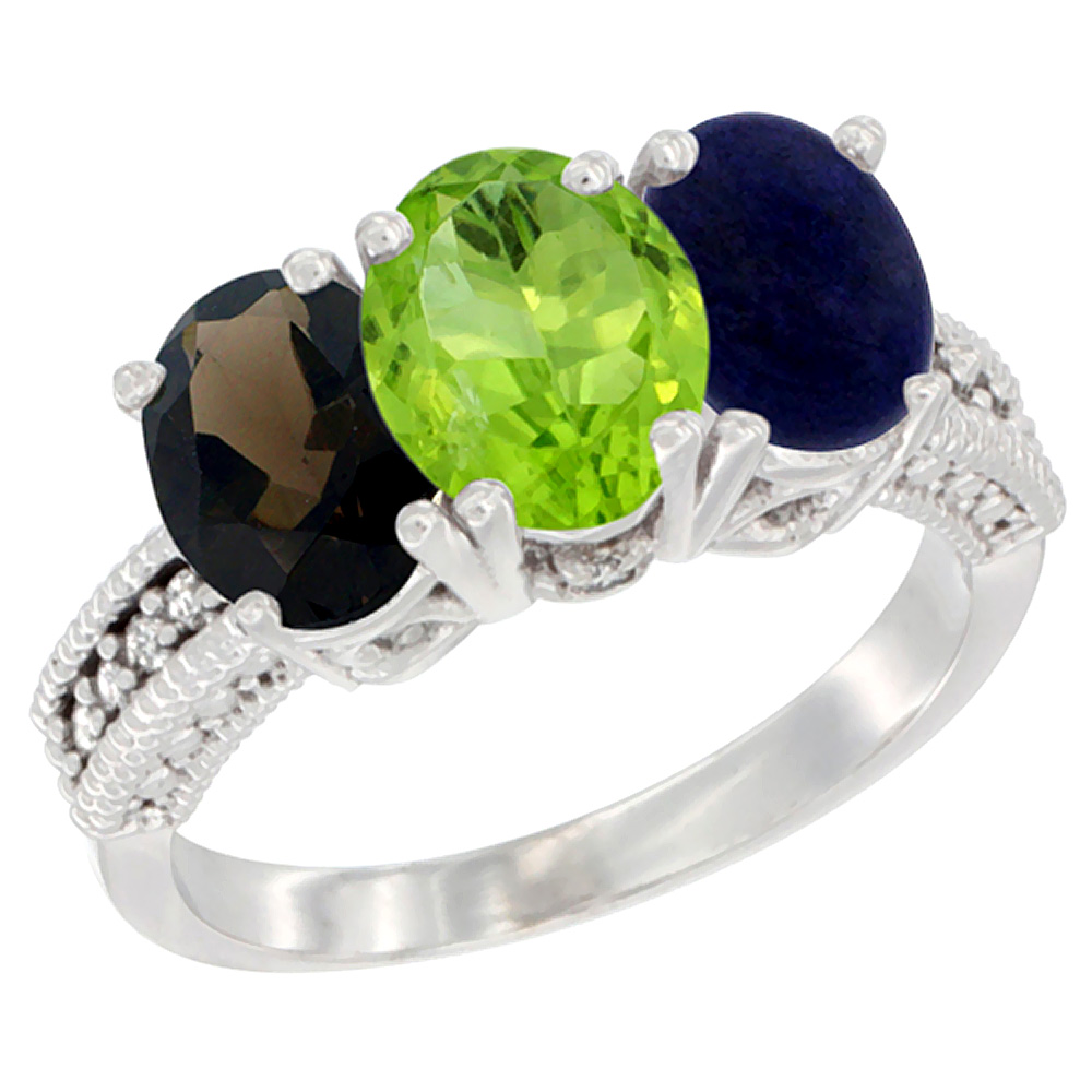 14K White Gold Natural Smoky Topaz, Peridot &amp; Lapis Ring 3-Stone 7x5 mm Oval Diamond Accent, sizes 5 - 10