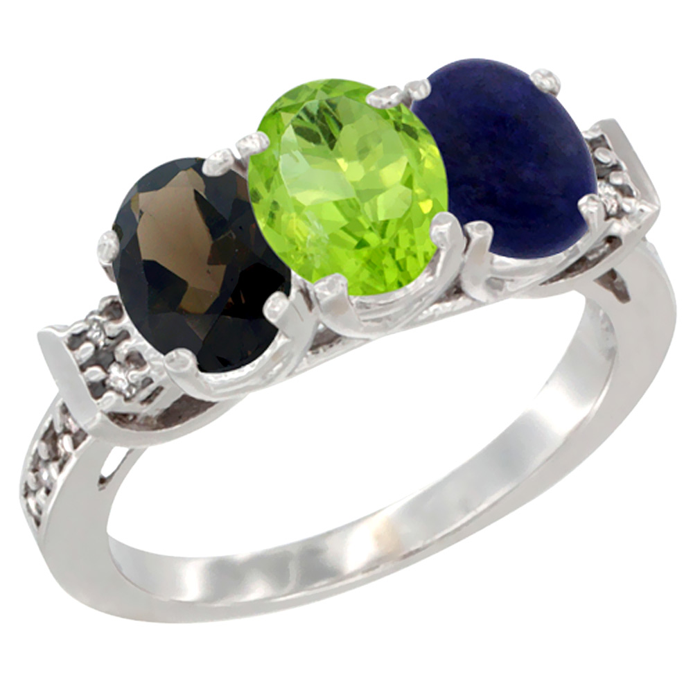 14K White Gold Natural Smoky Topaz, Peridot & Lapis Ring 3-Stone Oval 7x5 mm Diamond Accent, sizes 5 - 10