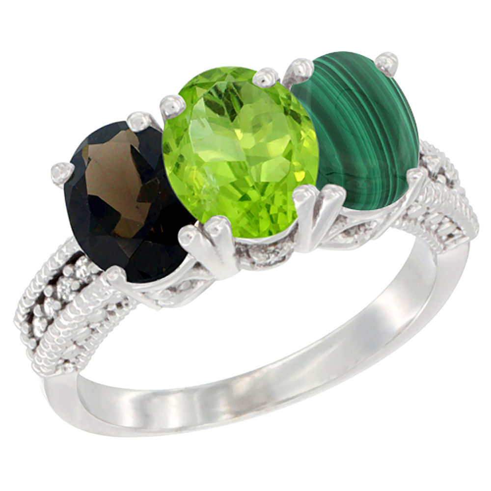 14K White Gold Natural Smoky Topaz, Peridot & Malachite Ring 3-Stone 7x5 mm Oval Diamond Accent, sizes 5 - 10