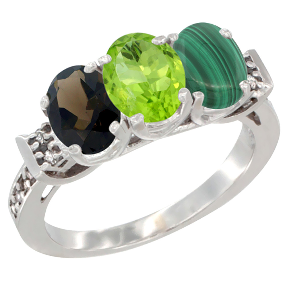 10K White Gold Natural Smoky Topaz, Peridot & Malachite Ring 3-Stone Oval 7x5 mm Diamond Accent, sizes 5 - 10