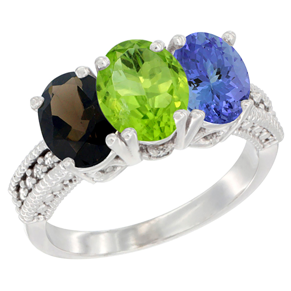 10K White Gold Natural Smoky Topaz, Peridot & Tanzanite Ring 3-Stone Oval 7x5 mm Diamond Accent, sizes 5 - 10