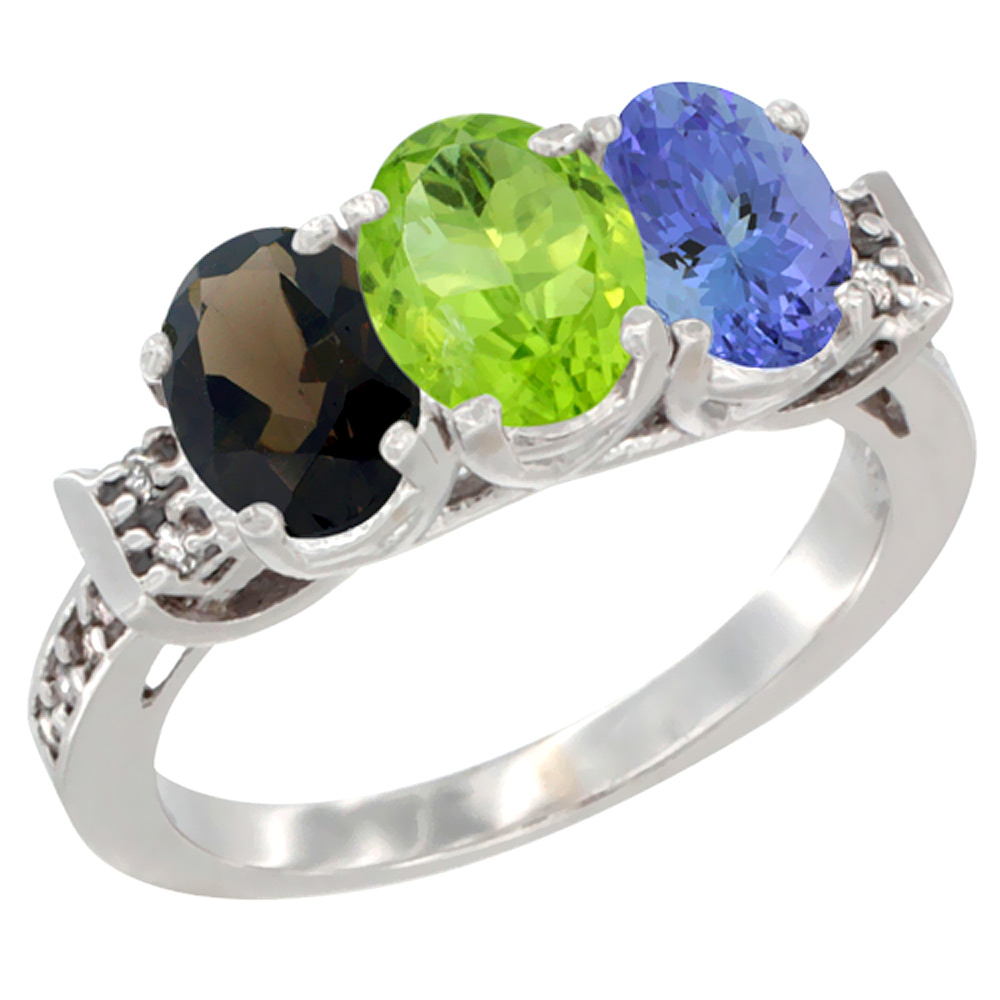 10K White Gold Natural Smoky Topaz, Peridot & Tanzanite Ring 3-Stone Oval 7x5 mm Diamond Accent, sizes 5 - 10