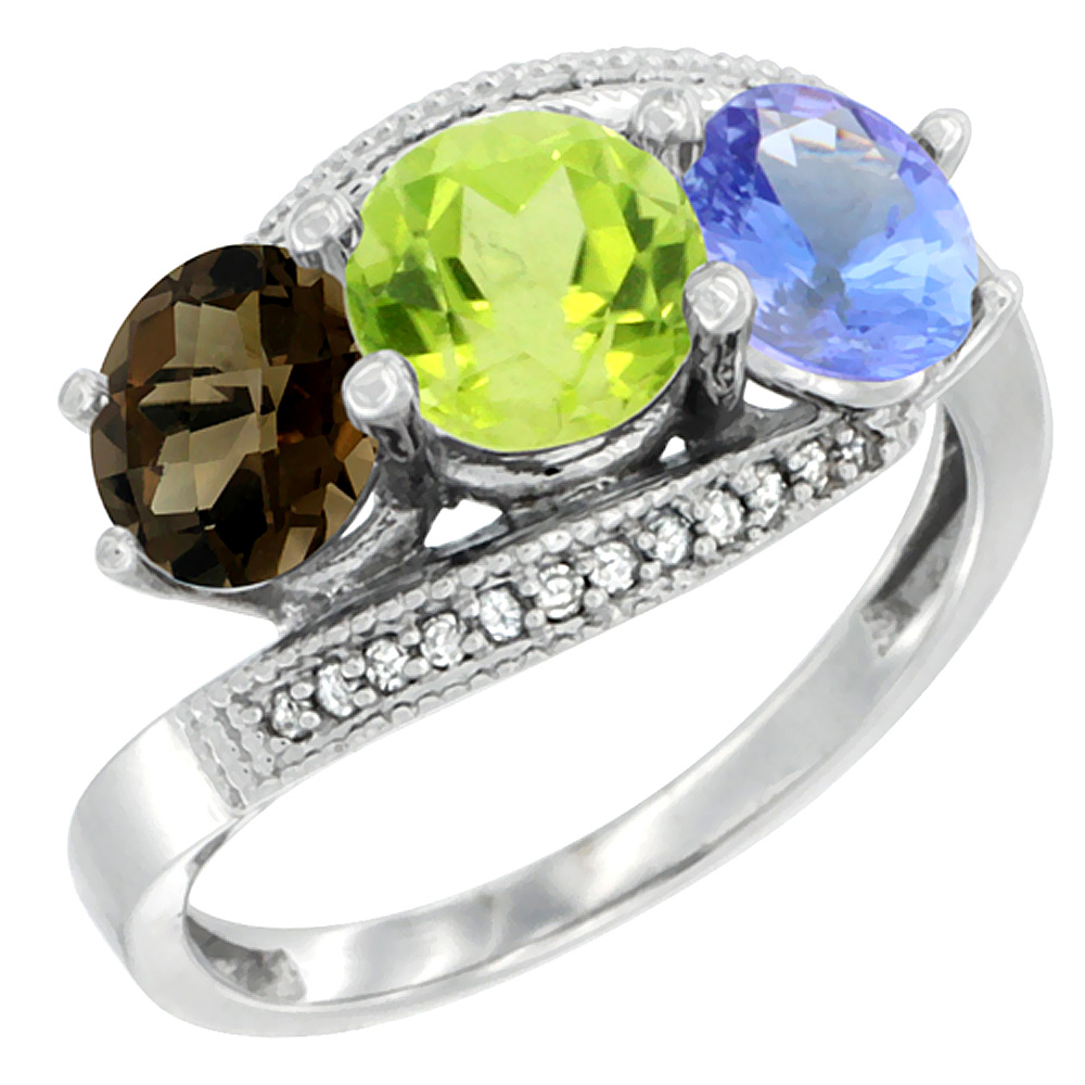 14K White Gold Natural Smoky Topaz, Peridot & Tanzanite 3 stone Ring Round 6mm Diamond Accent, sizes 5 - 10