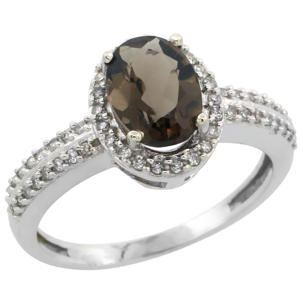 14K White Gold Natural Smoky Topaz Ring Oval 8x6mm Diamond Halo, sizes 5-10