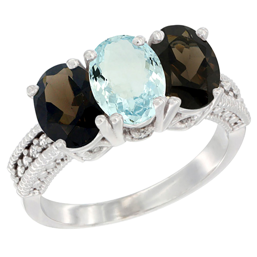 10K White Gold Natural Aquamarine & Smoky Topaz Sides Ring 3-Stone Oval 7x5 mm Diamond Accent, sizes 5 - 10