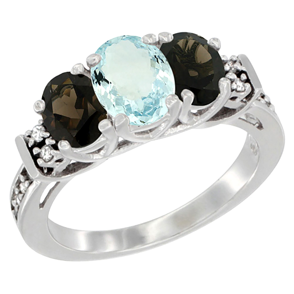 14K White Gold Natural Aquamarine &amp; Smoky Topaz Ring 3-Stone Oval Diamond Accent, sizes 5-10