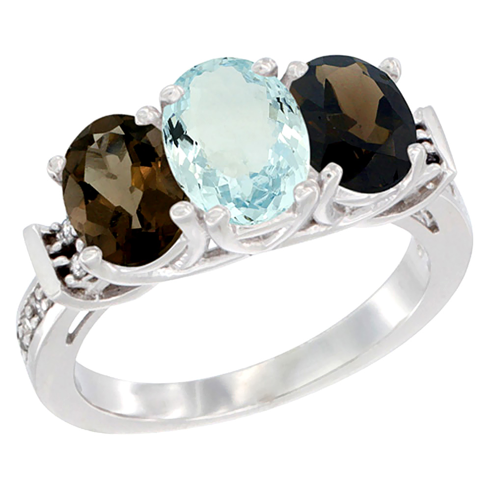 14K White Gold Natural Aquamarine &amp; Smoky Topaz Sides Ring 3-Stone Oval Diamond Accent, sizes 5 - 10