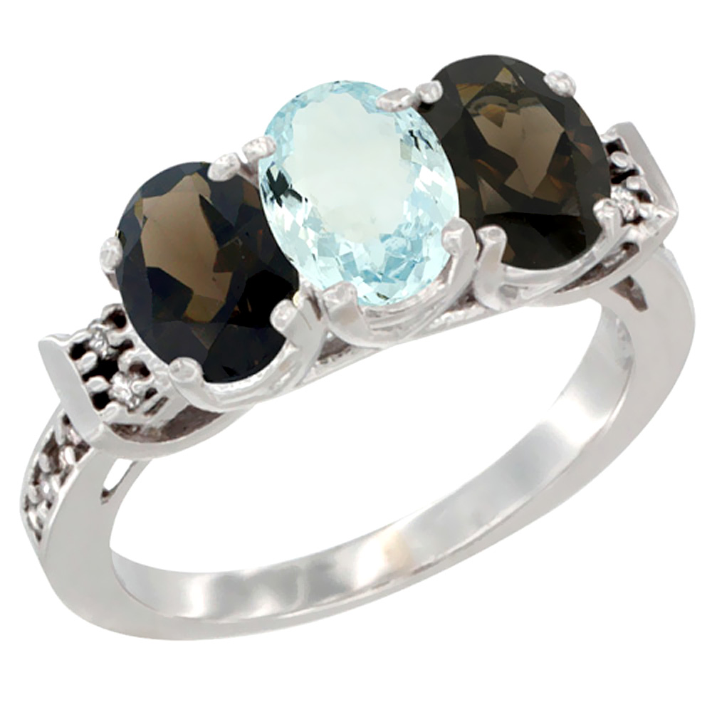 14K White Gold Natural Aquamarine &amp; Smoky Topaz Sides Ring 3-Stone Oval 7x5 mm Diamond Accent, sizes 5 - 10