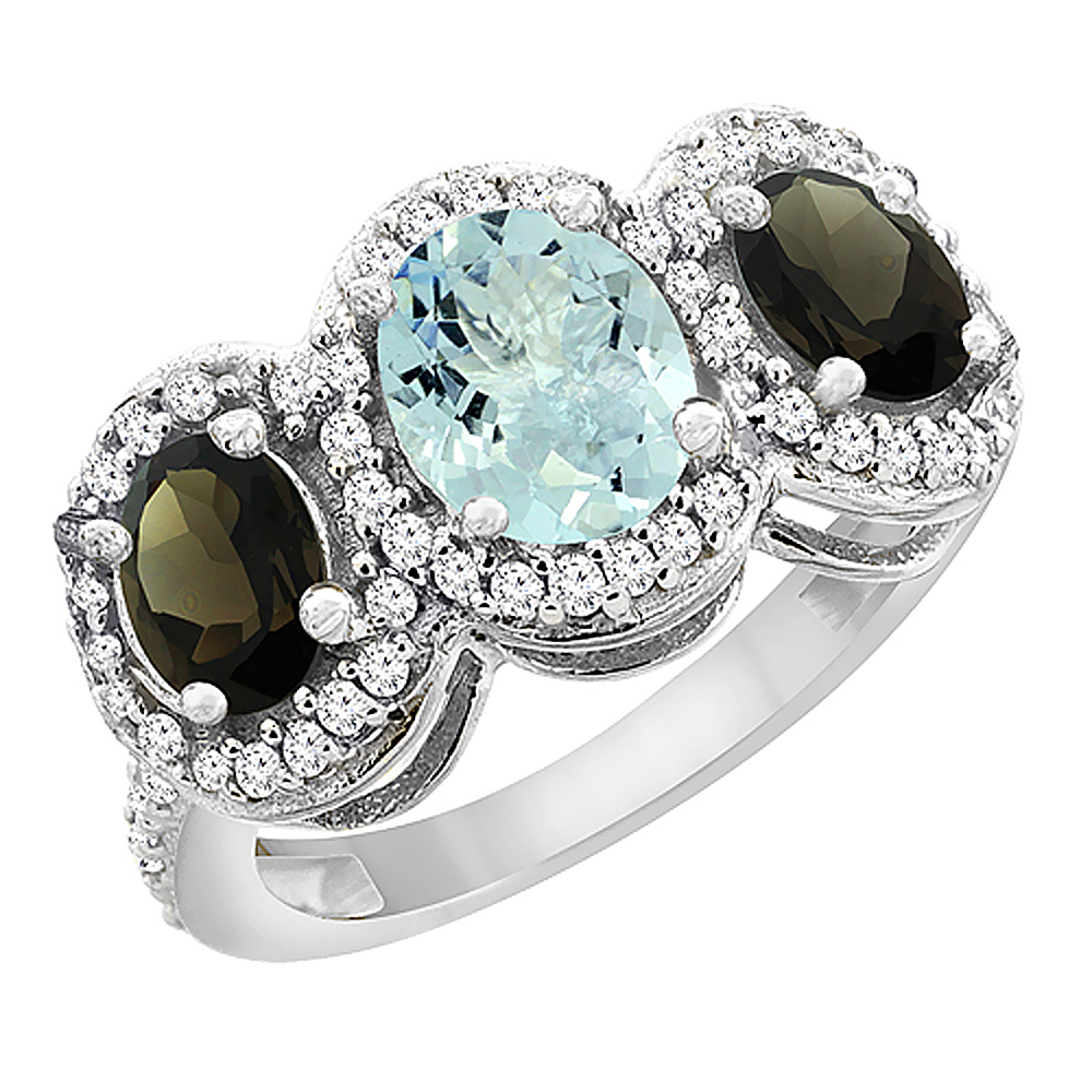 14K White Gold Natural Aquamarine &amp; Smoky Topaz 3-Stone Ring Oval Diamond Accent, sizes 5 - 10