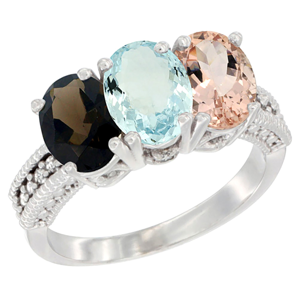 14K White Gold Natural Smoky Topaz, Aquamarine &amp; Morganite Ring 3-Stone 7x5 mm Oval Diamond Accent, sizes 5 - 10