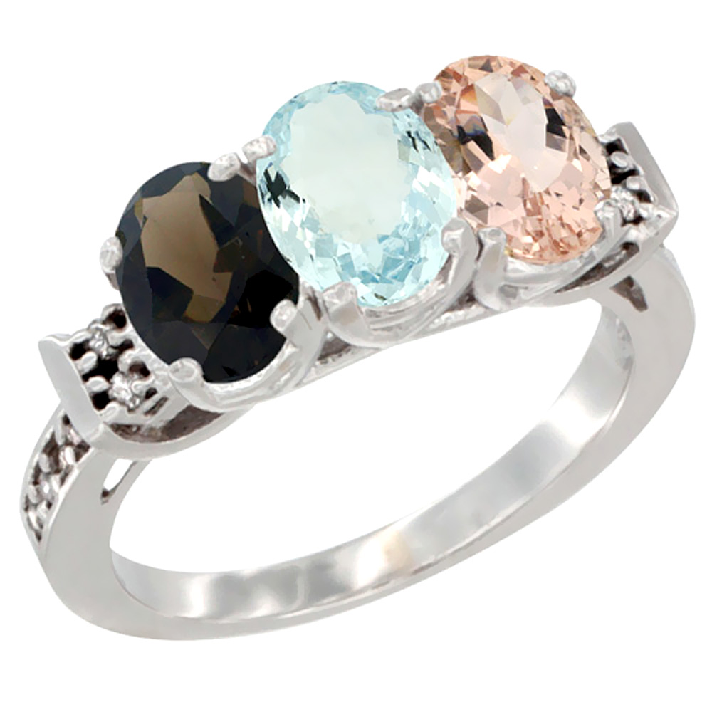 14K White Gold Natural Smoky Topaz, Aquamarine & Morganite Ring 3-Stone Oval 7x5 mm Diamond Accent, sizes 5 - 10