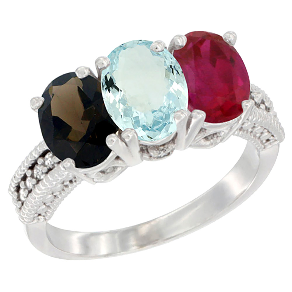 14K White Gold Natural Smoky Topaz, Aquamarine &amp; Enhanced Ruby Ring 3-Stone 7x5 mm Oval Diamond Accent, sizes 5 - 10