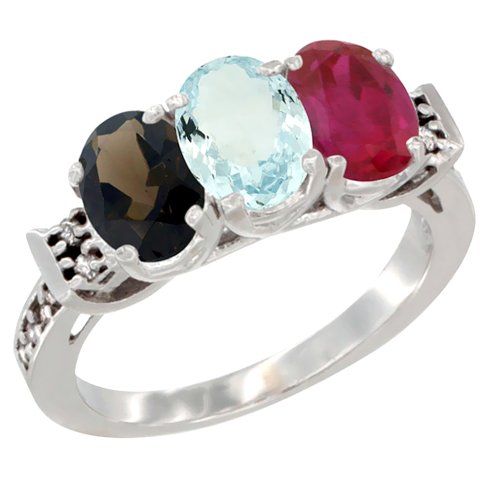 10K White Gold Natural Smoky Topaz, Aquamarine & Enhanced Ruby Ring 3-Stone Oval 7x5 mm Diamond Accent, sizes 5 - 10