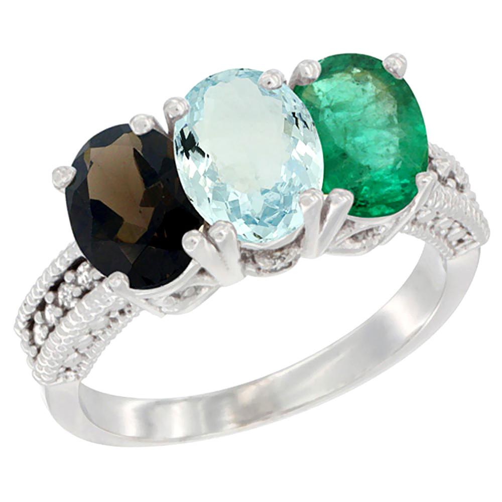 10K White Gold Natural Smoky Topaz, Aquamarine &amp; Emerald Ring 3-Stone Oval 7x5 mm Diamond Accent, sizes 5 - 10
