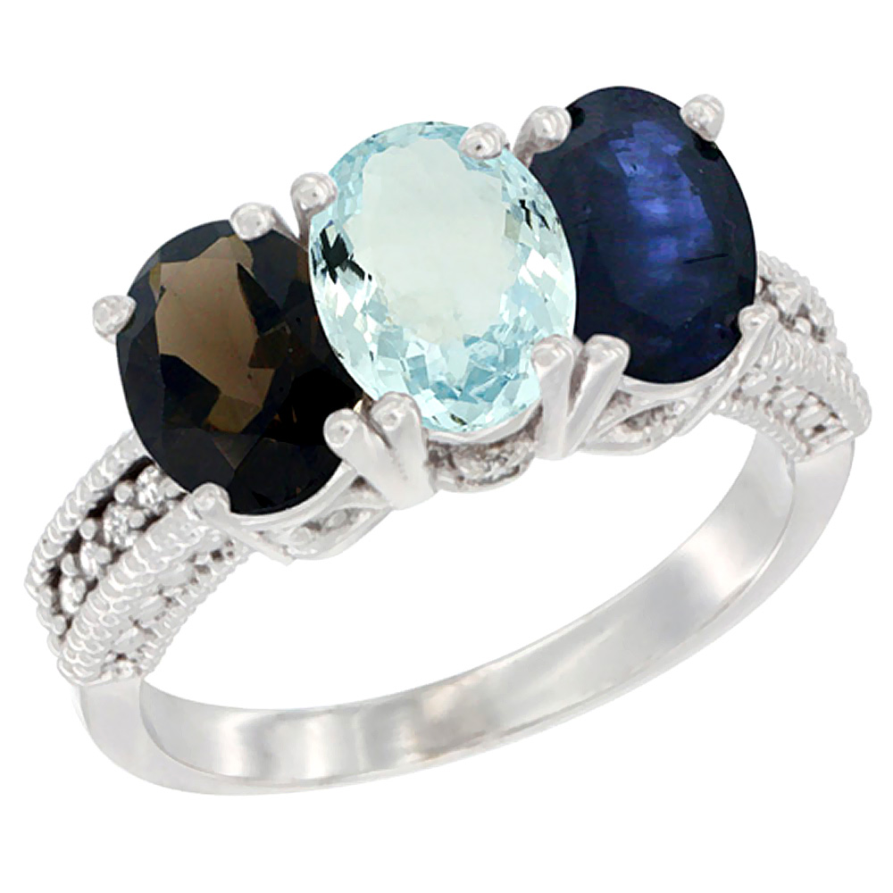 10K White Gold Natural Smoky Topaz, Aquamarine & Blue Sapphire Ring 3-Stone Oval 7x5 mm Diamond Accent, sizes 5 - 10