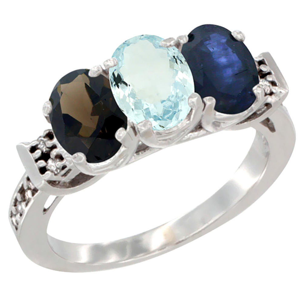 10K White Gold Natural Smoky Topaz, Aquamarine & Blue Sapphire Ring 3-Stone Oval 7x5 mm Diamond Accent, sizes 5 - 10