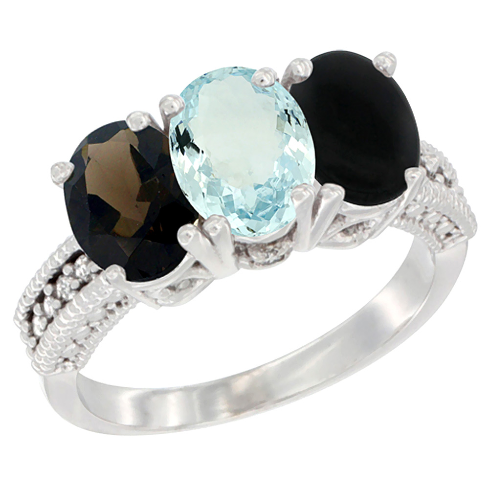 14K White Gold Natural Smoky Topaz, Aquamarine &amp; Black Onyx Ring 3-Stone 7x5 mm Oval Diamond Accent, sizes 5 - 10