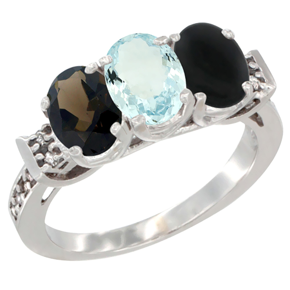 14K White Gold Natural Smoky Topaz, Aquamarine & Black Onyx Ring 3-Stone Oval 7x5 mm Diamond Accent, sizes 5 - 10