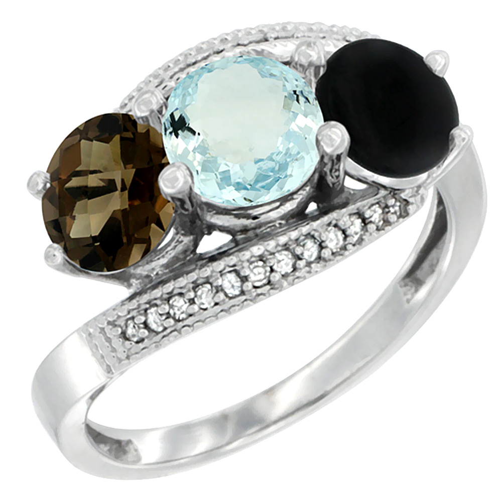 14K White Gold Natural Smoky Topaz, Aquamarine &amp; Black Onyx 3 stone Ring Round 6mm Diamond Accent, sizes 5 - 10