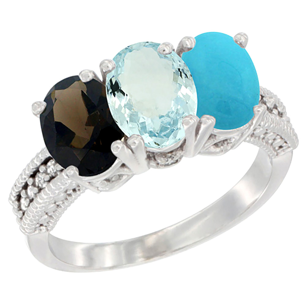 14K White Gold Natural Smoky Topaz, Aquamarine & Turquoise Ring 3-Stone 7x5 mm Oval Diamond Accent, sizes 5 - 10