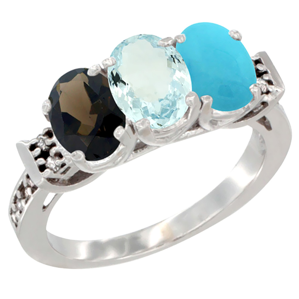 10K White Gold Natural Smoky Topaz, Aquamarine & Turquoise Ring 3-Stone Oval 7x5 mm Diamond Accent, sizes 5 - 10