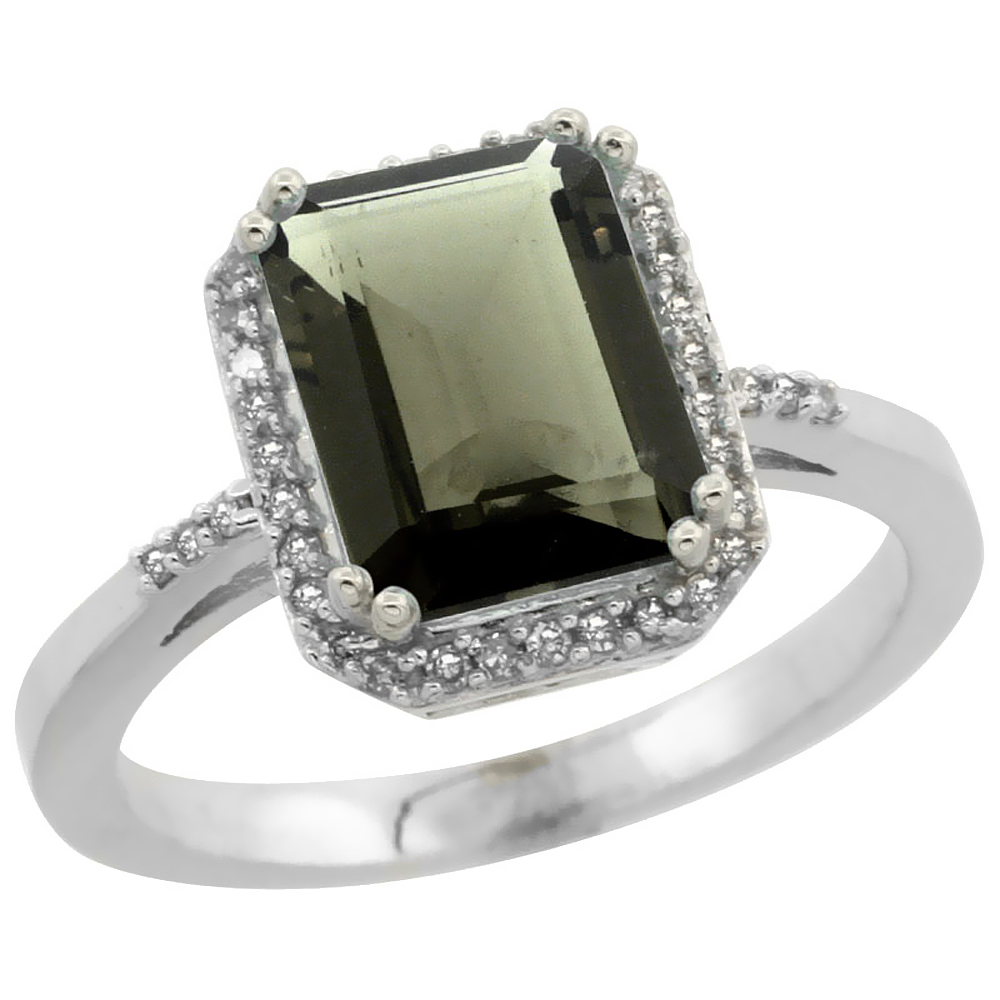 14K White Gold Diamond Natural Smoky Topaz Ring Emerald-cut 9x7mm, sizes 5-10