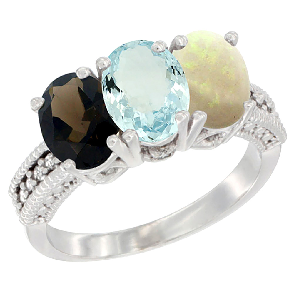 14K White Gold Natural Smoky Topaz, Aquamarine &amp; Opal Ring 3-Stone 7x5 mm Oval Diamond Accent, sizes 5 - 10