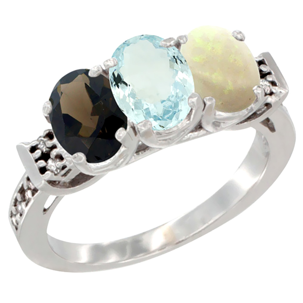 10K White Gold Natural Smoky Topaz, Aquamarine & Opal Ring 3-Stone Oval 7x5 mm Diamond Accent, sizes 5 - 10