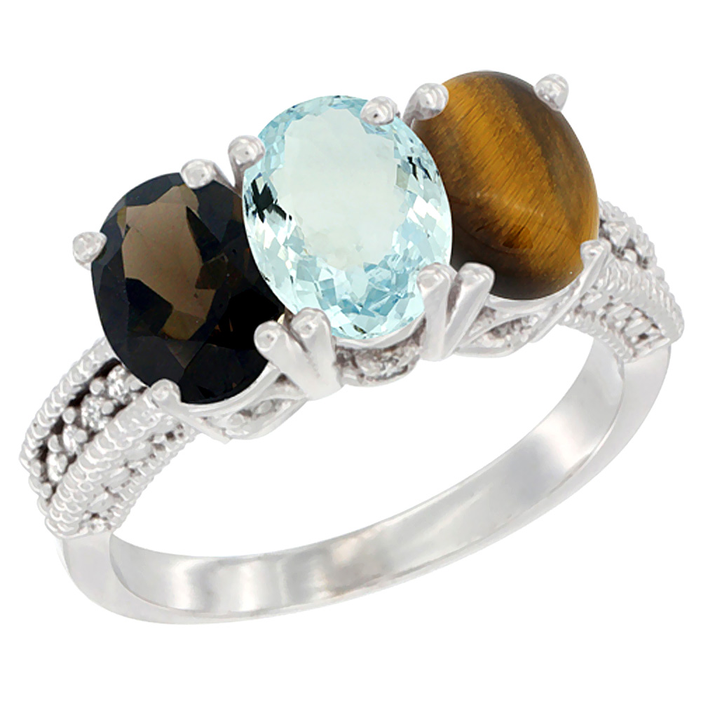 10K White Gold Natural Smoky Topaz, Aquamarine &amp; Tiger Eye Ring 3-Stone Oval 7x5 mm Diamond Accent, sizes 5 - 10