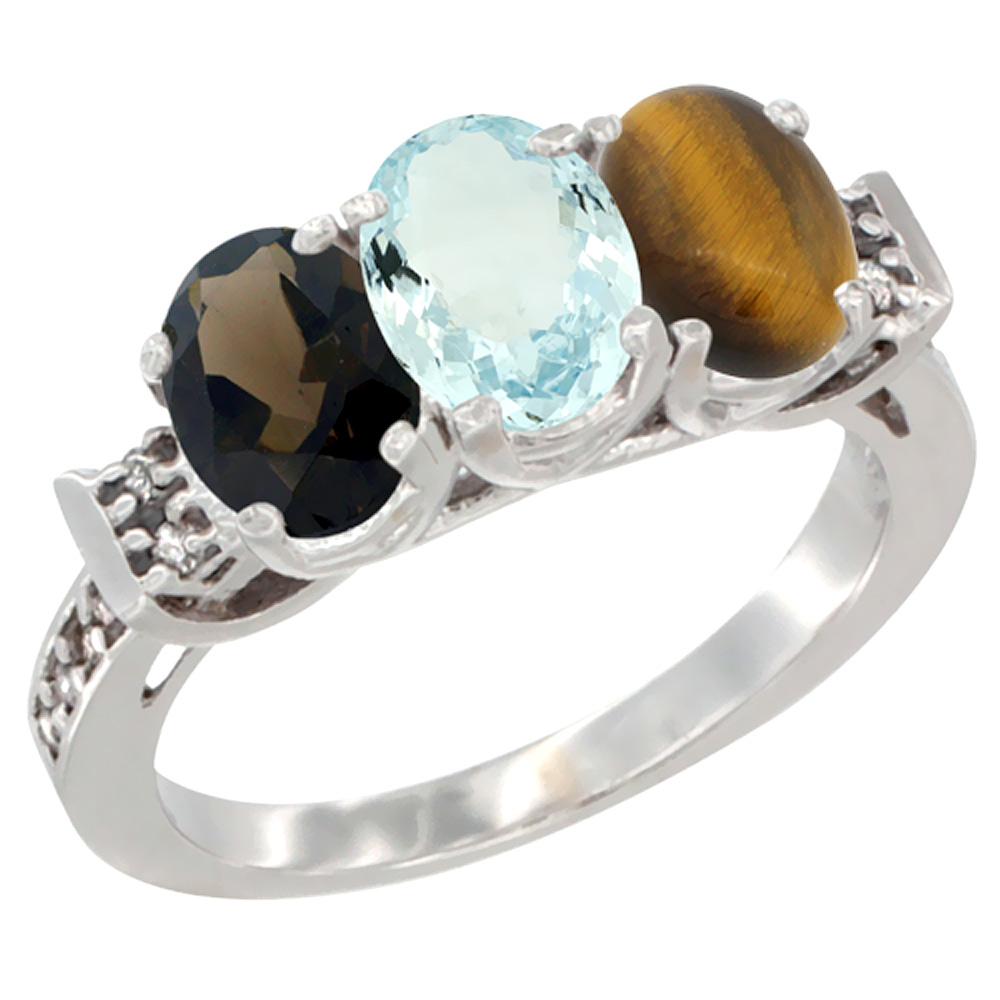 14K White Gold Natural Smoky Topaz, Aquamarine &amp; Tiger Eye Ring 3-Stone Oval 7x5 mm Diamond Accent, sizes 5 - 10