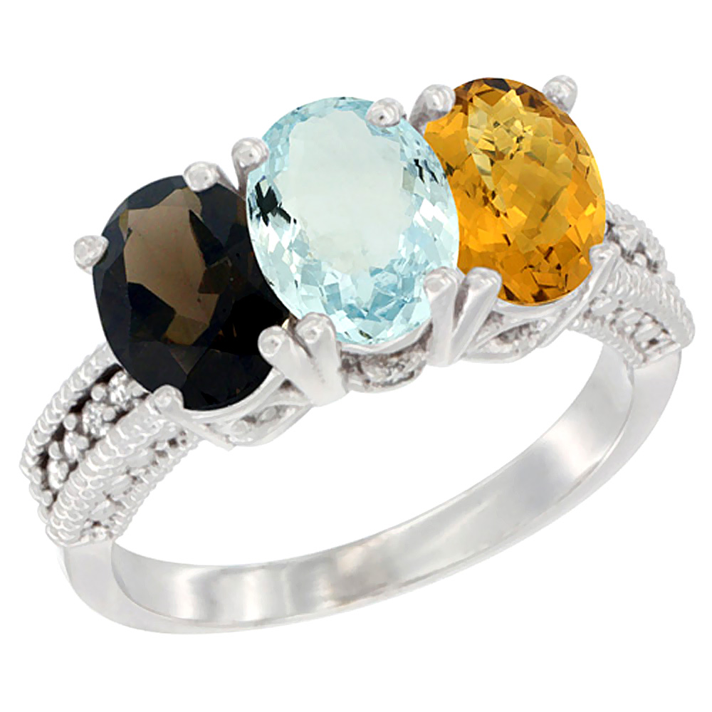 14K White Gold Natural Smoky Topaz, Aquamarine & Whisky Quartz Ring 3-Stone 7x5 mm Oval Diamond Accent, sizes 5 - 10