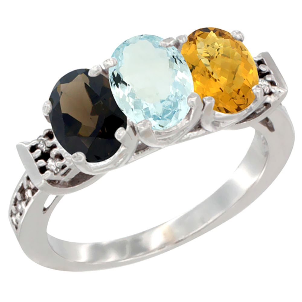 14K White Gold Natural Smoky Topaz, Aquamarine &amp; Whisky Quartz Ring 3-Stone Oval 7x5 mm Diamond Accent, sizes 5 - 10