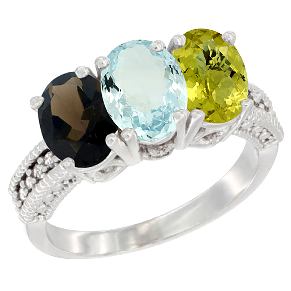 10K White Gold Natural Smoky Topaz, Aquamarine &amp; Lemon Quartz Ring 3-Stone Oval 7x5 mm Diamond Accent, sizes 5 - 10