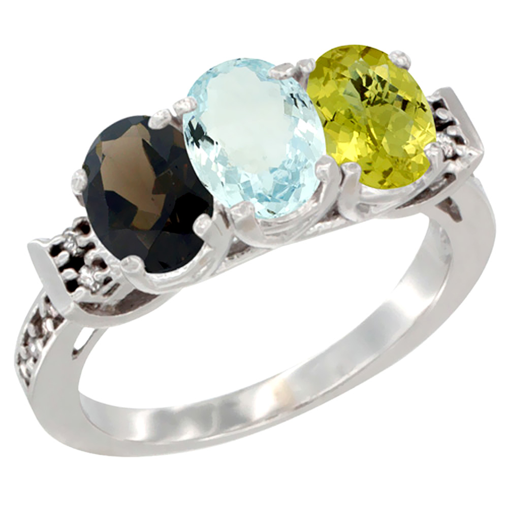 14K White Gold Natural Smoky Topaz, Aquamarine & Lemon Quartz Ring 3-Stone Oval 7x5 mm Diamond Accent, sizes 5 - 10