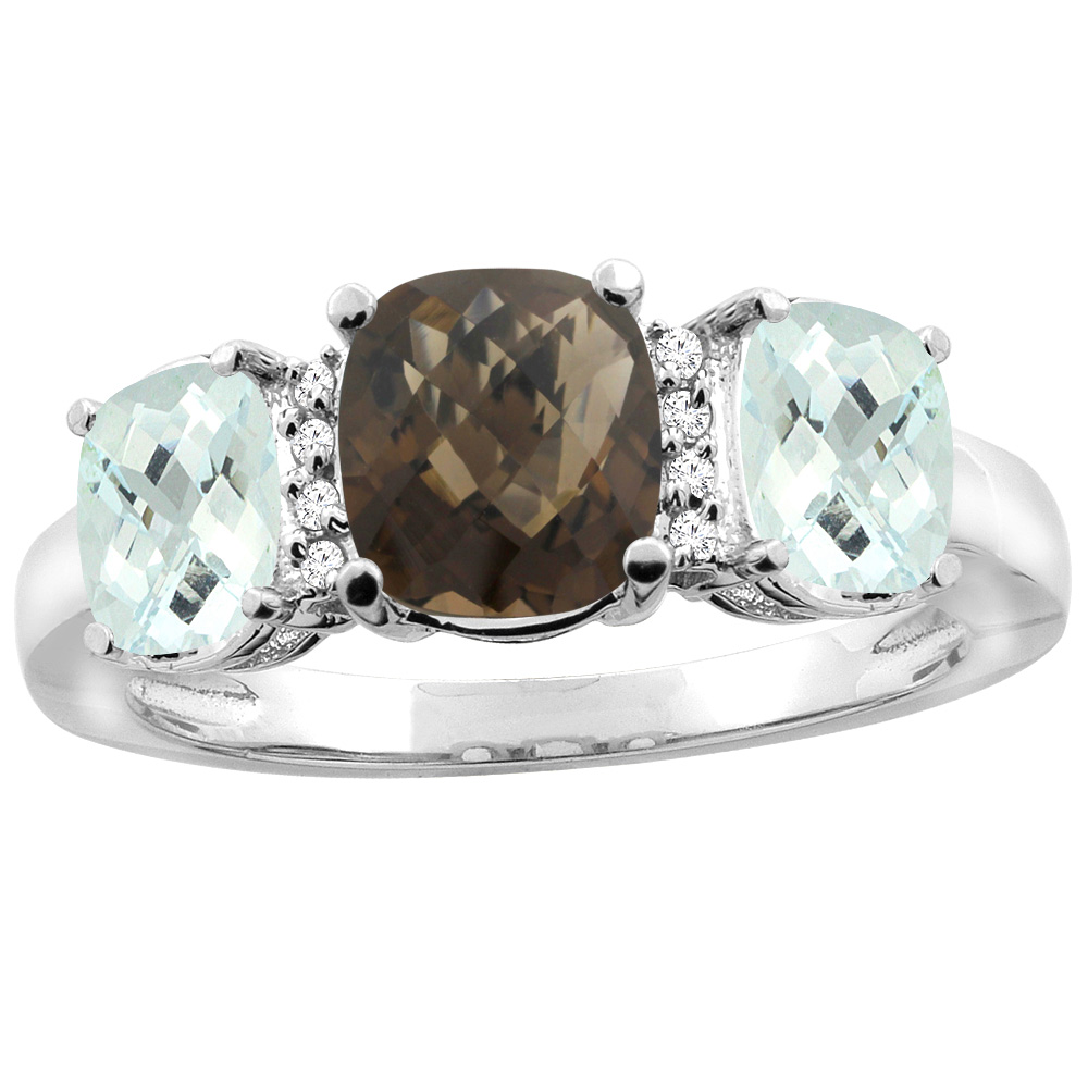 14K Yellow Gold Natural Smoky Topaz & Aquamarine 3-stone Ring Cushion 8x6mm Diamond Accent, sizes 5 - 10