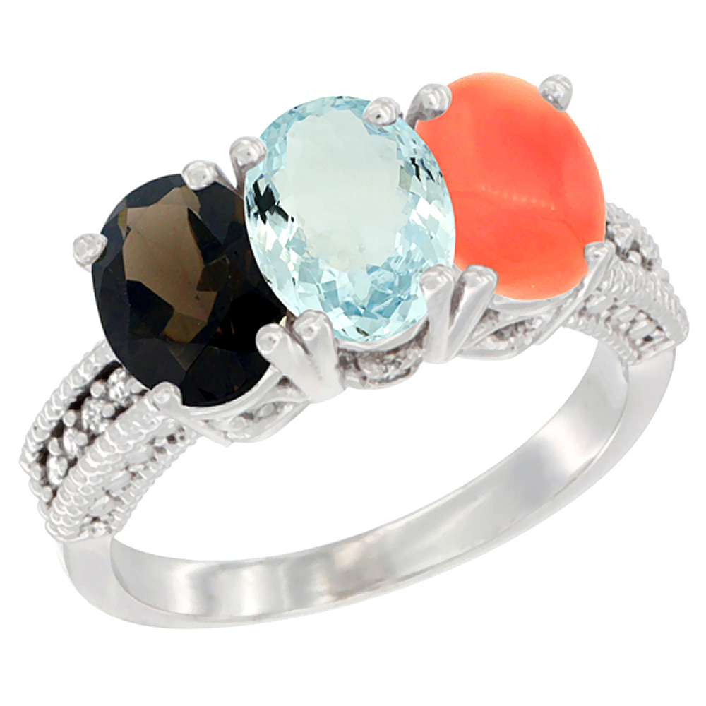 10K White Gold Natural Smoky Topaz, Aquamarine &amp; Coral Ring 3-Stone Oval 7x5 mm Diamond Accent, sizes 5 - 10