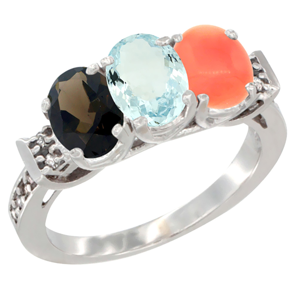 14K White Gold Natural Smoky Topaz, Aquamarine & Coral Ring 3-Stone Oval 7x5 mm Diamond Accent, sizes 5 - 10