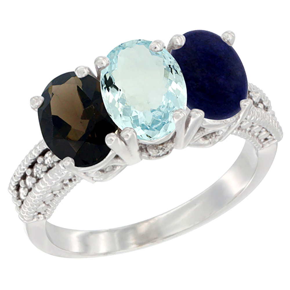 14K White Gold Natural Smoky Topaz, Aquamarine &amp; Lapis Ring 3-Stone 7x5 mm Oval Diamond Accent, sizes 5 - 10