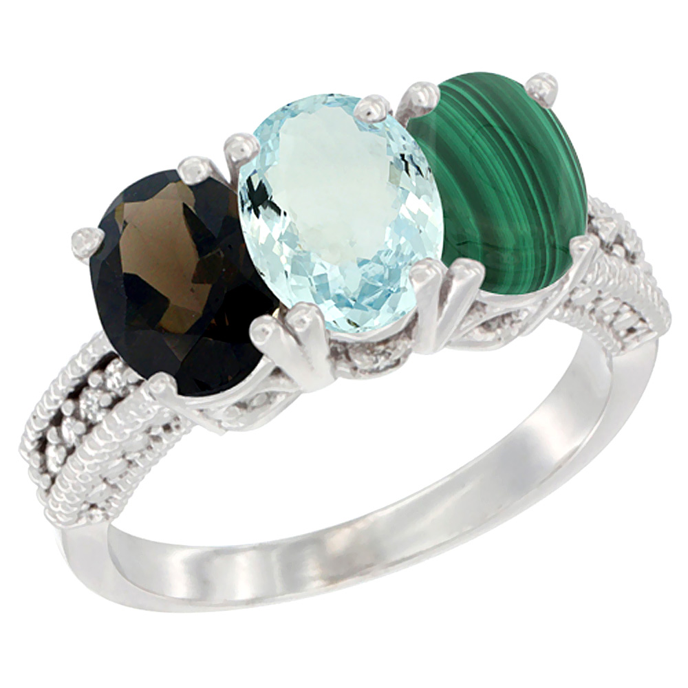 14K White Gold Natural Smoky Topaz, Aquamarine & Malachite Ring 3-Stone 7x5 mm Oval Diamond Accent, sizes 5 - 10