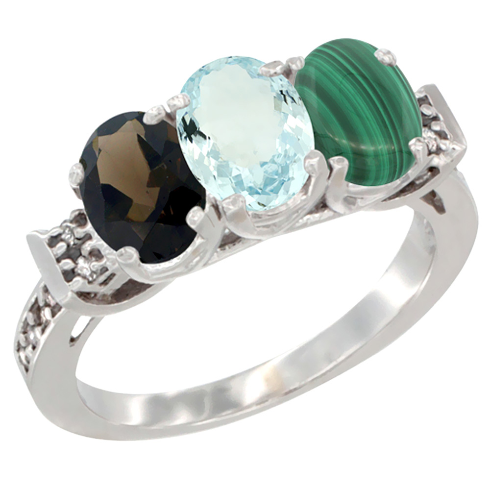 14K White Gold Natural Smoky Topaz, Aquamarine &amp; Malachite Ring 3-Stone Oval 7x5 mm Diamond Accent, sizes 5 - 10